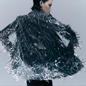Zara Fringed Sequin Blazer Silver Black NWT